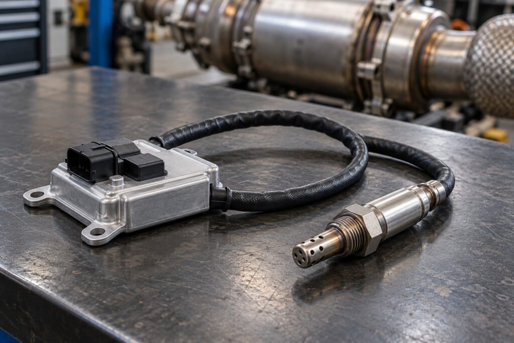 Imagem ilustrativa de sensor NOx com módulo eletrônico e sonda sobre bancada